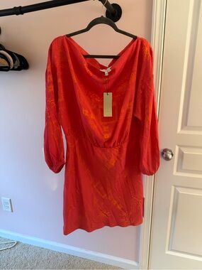 Never Fully Dressed Coral-Orange Tropical Print Dress